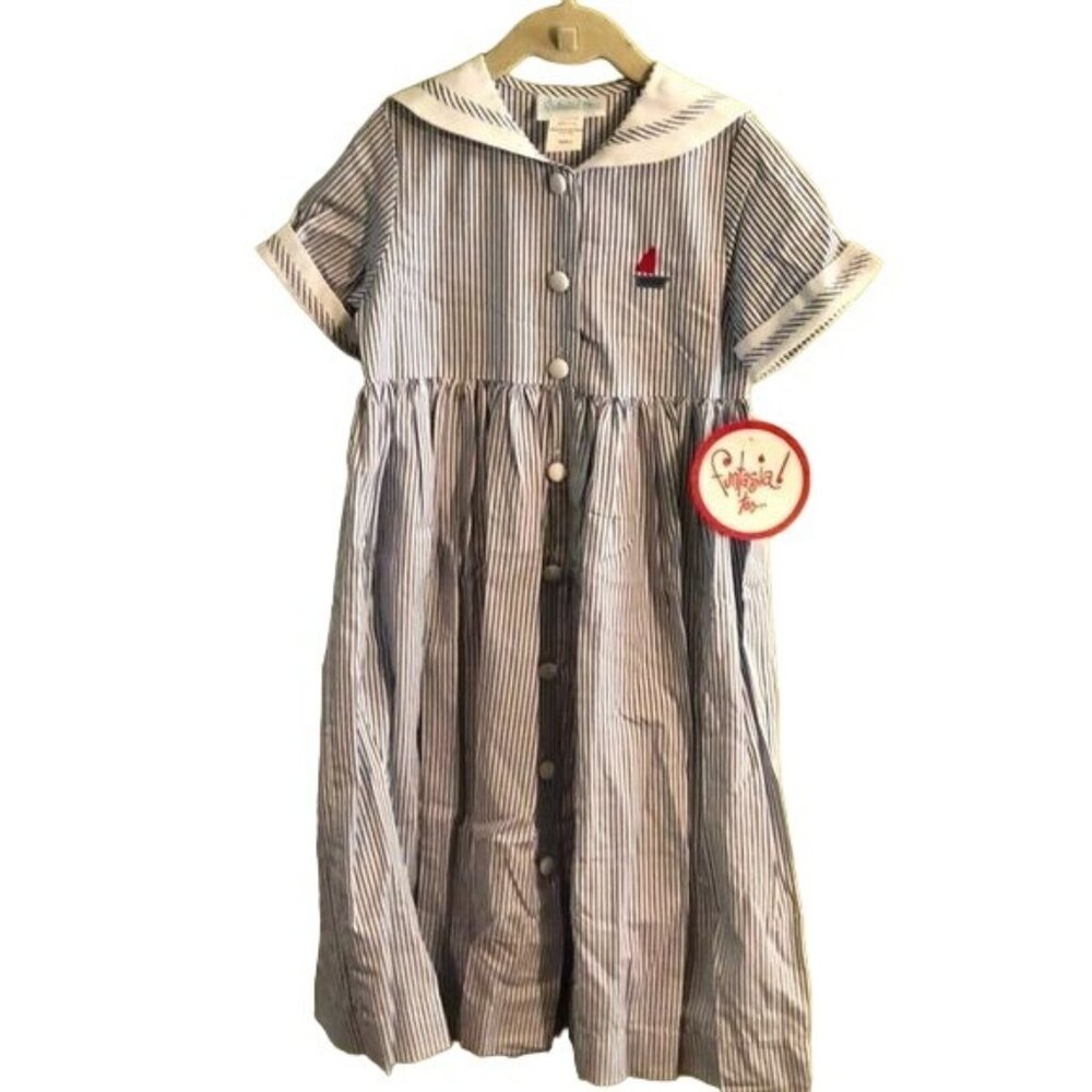 Funtasia! too Sailor Button Down Dress w/ Blue & White Stripes, Size 6X